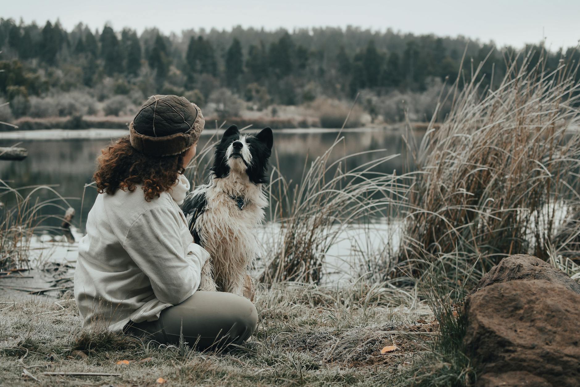 Kobieta z psem odpoczywa nad spokojnym jeziorem latem